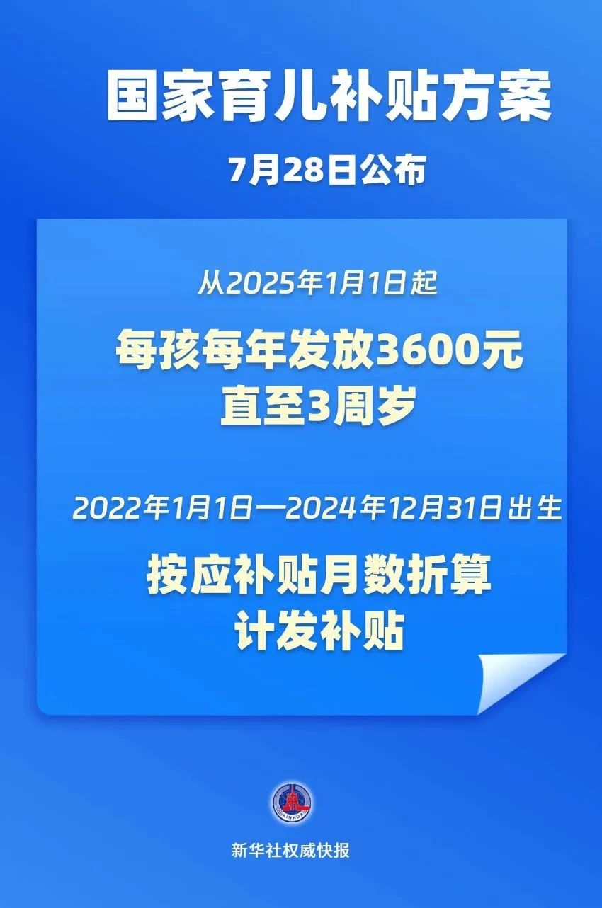 3周岁前每娃每年3600元!国家育儿补贴方案公布